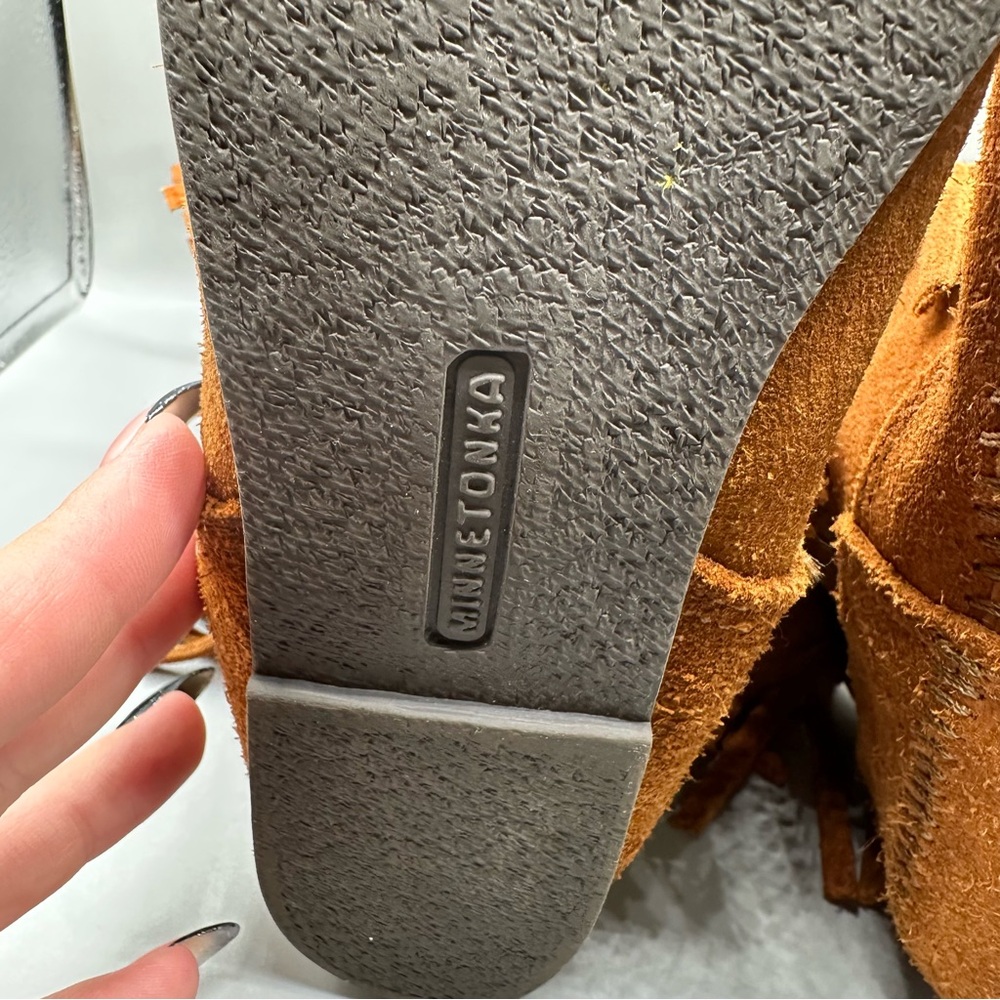 Minnetonka Triple Fringe Suede Moccasin Boots - Chestnut - Picture 10 of 11